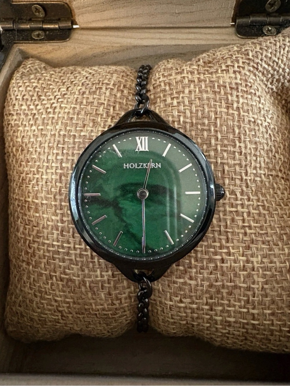 Holzkern Women’s Black Chain Watch with Emerald Green Dial